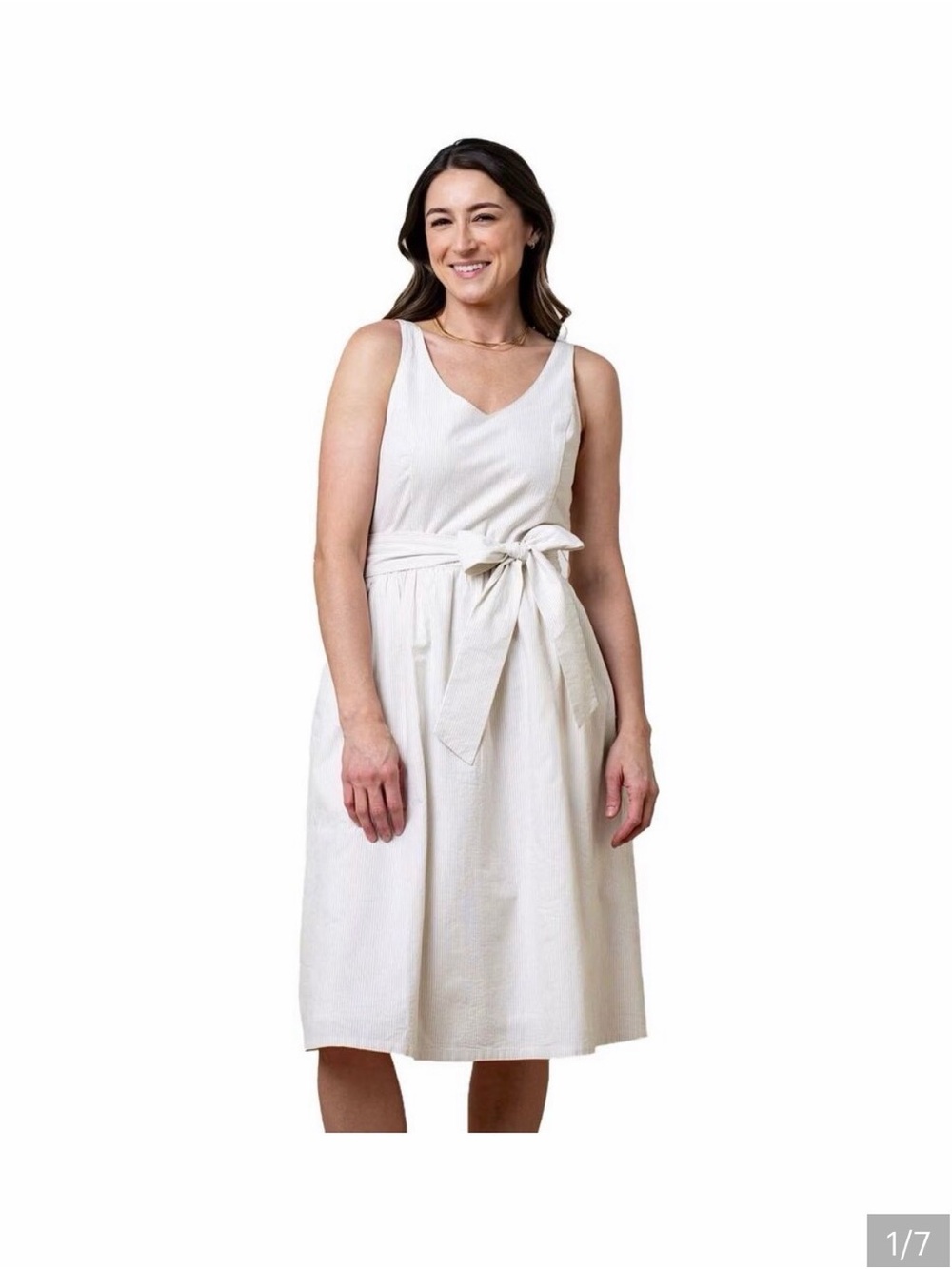 Hope & Henry Sleeveless Cream and tan Midi Dress with V-Neck and tie  Waistband